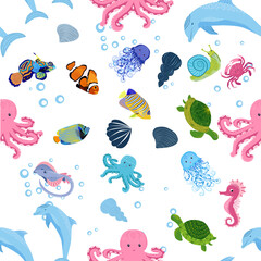 Sea inhabitants seamless pattern, beautiful character among seashells, seaweed, starfish, sea animals wildlife