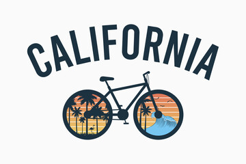 California bicycle t-shirt design. Bike tee shirt with palm trees, flamingo and waves. Typography graphics for apparel print. Vector illustration.