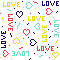 Seamless geometric vector pattern with hearts and words Love. Pixel texture for textile design.