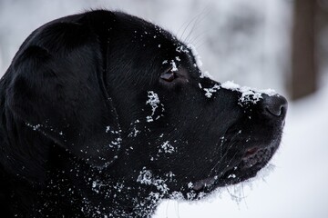 Black labrador in the winter forest