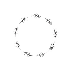 Round wreath of abstract branches and leaves. Long wavy leaf, bamboo shape. Decorative frame on Japanese theme. Black contour twigs in circle. Floral border, badge, tag, logo. Minimalistic boho design