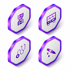 Set Isometric DNA symbol, Monitor with cardiogram, Stethoscope and Pipette icon. Purple hexagon button. Vector