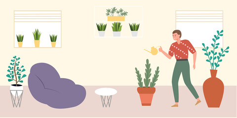 A man is watering green plants in a pot in the living room. Eco friendly home environment concept. Flat vector.