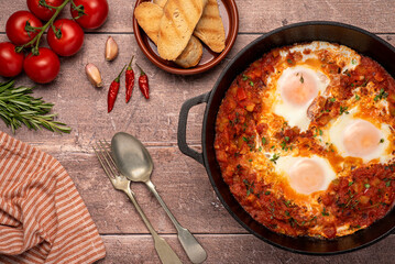 Food photography of fried eggs,  tomato, breakfast