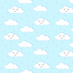 Cute Cartoon Face Cloud Seamless Pattern with rain drops.Blue background.Vector illustration
