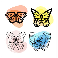 Butterfly icons set. Black outline of butterflies on an abstract background.