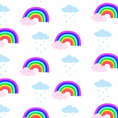Seamless hand drawn vector pattern with rainbows and clouds on white background. Design for print, fabric , wallpaper, card.Vector illustration