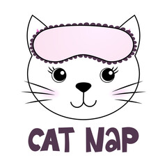 Cat nap - funny doodle, Cat with sleeping mask, stars, hearts. Cartoon background, texture for bedsheets, pajamas.