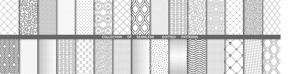Set of vector seamless geometric dotted patterns for your designs and backgrounds. Geometric abstract ornament. Modern dotted ornaments with repeating elements - obrazy, fototapety, plakaty