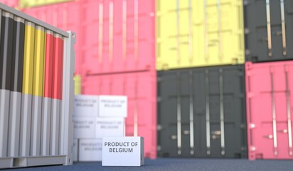 Carton with PRODUCT OF BELGIUM text and many containers, 3D rendering