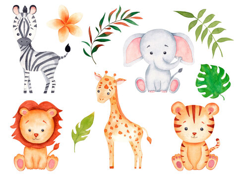 Safari animals watercolor illustration with baby elephant, lion, zebra, giraffe, tiger and tropical jungle foliage for nursery, postcards, invitations, logos, baby shower.