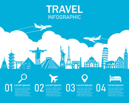 Travel infographic on blue background. famous landmarks of the world. landmark tourism and transport. vector illustration in flat style modern design.