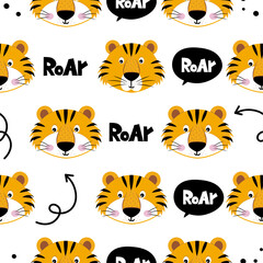 Roaring tiger pattern - funny Tiger character drawing. Lettering poster or t shirt textile graphic design.  Cute lion character illustration. Handwritten text. Scandinavian style