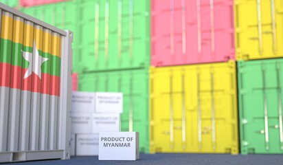 Carton with PRODUCT OF MYANMAR text and many containers, 3D rendering
