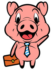 Cartoon illustration of Funny Piglets wearing a tie, holding a bag of document while greeting, best for sticker, mascot, and logo with working at office themes for kids