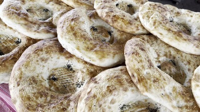 This is chap chak bread from Samarkand with sesame seeds on top.