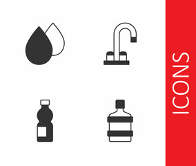 Set Big bottle with clean water, Water drop, Bottle of and tap icon. Vector