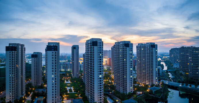 Aerial view of urban buildings residential area scenery in Jiaxing, China, Asia. Beautiful cityscape at sunset.