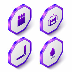 Set Isometric Open matchbox and matches, Hiking backpack, Trap hunting and Tree icon. Purple hexagon button. Vector