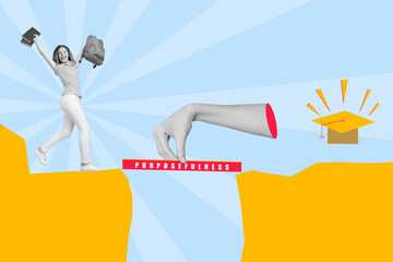 Surreal template collage of schoolkid cross bridge abyss achieve victory golden mortarboard hat...
