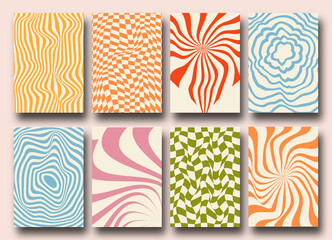 Vector set of Groovy hippie 70s backgrounds. Checkerboard, chessboard, mesh, waves patterns. Twisted and distorted vector texture in trendy retro psychedelic style. Y2k aesthetic.