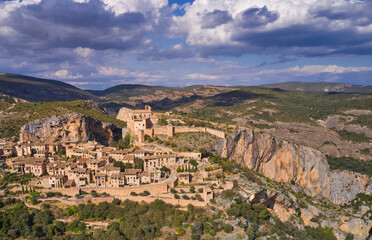drone view of Alquezar one of the most scenic towns in Sierra de Guara natural park
