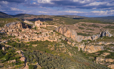 drone view of Alquezar one of the most scenic towns in Sierra de Guara natural park
