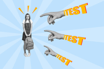 Collage illustration of huge arms fingers point worried nervous person black white effect hold rucksack isolated on creative background