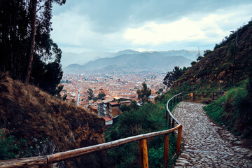 Stone path in the mountains overlooking Cusco, Peru.