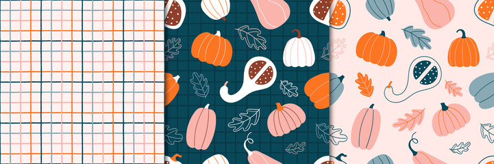 Set of matching seamless patterns with pumpkins and plaid background.