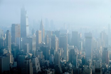Aerial shot of the skyscrapers of Manhattan in New York, USA on a foggy day