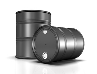 Zwei 3d Ölfasser stehend und liegend mit Öffnungen, isoliert