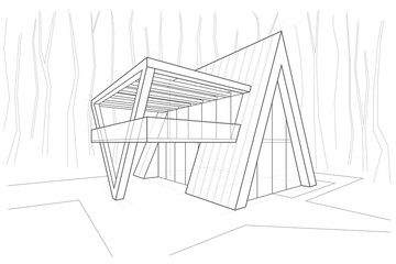 Linear architectural sketch residental building - scandinavian style forest cottage perspective on white background