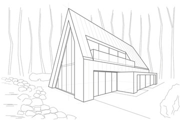 Linear architectural sketch residental building - scandinavian style forest cottage near lake perspective on white background