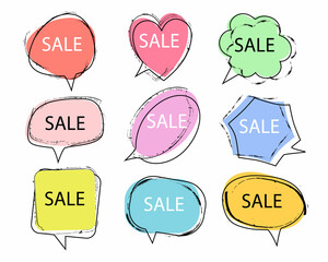A set of flat speech bubble shaped banners, price tags, stickers, badges.Discounts. Vector illustration.