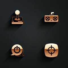 Set Joystick for arcade machine, Game controller joystick, Power button and Target sport icon with long shadow. Vector © Iryna