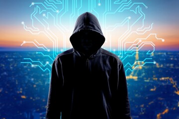 Hacker over Abstract Digital Background with Elements of Computer Programs. Concept of Data thief, internet fraud, darknet and cyber security.