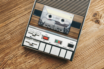 Compact cassette tapes and cassette recorder. Retro music style. 80s music party. Vintage style....