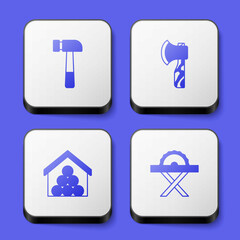 Set Hammer, Wooden axe, logs and Electric circular saw icon. White square button. Vector