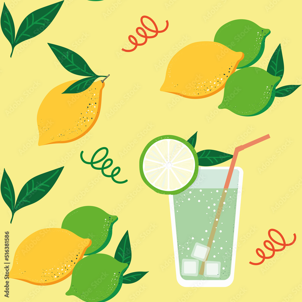 Wall mural vector pattern, a glass of lemonade with a straw and ice among lemons and limes on a yellow sunny background - Wall murals