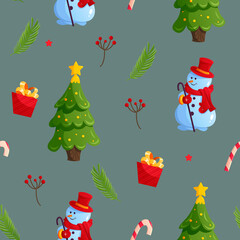 Christmas, New Year pattern with cute, cartoon Snowmen, Christmas tree, Gift box, Fir branches and Holiday Sweets. Texture on a gray background for wrapping paper, textile design.