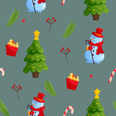 Christmas, New Year pattern with cute, cartoon Snowmen, Christmas tree, Gift box, Fir branches and Holiday Sweets. Texture on a gray background for wrapping paper, textile design.
