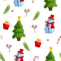 Christmas, New Year pattern with cute, cartoon Snowmen, Christmas tree, Gift box and Holiday Sweets. Texture for wrapping paper, textile design.