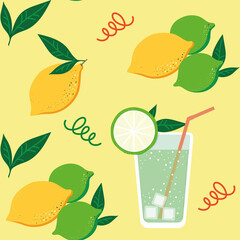 vector pattern, a glass of lemonade with a straw and ice among lemons and limes on a yellow sunny background
