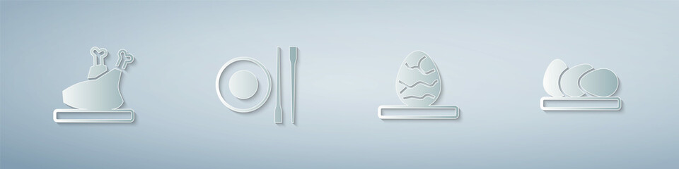 Set Roasted turkey or chicken, Food chopsticks with plate, Chinese tea egg and Chicken. Paper art style. Vector
