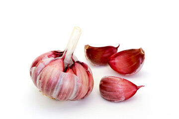 Closeup of raw garlic bulb on white background