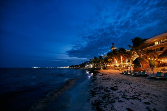 Night Illumination Of Coast, Night Bars, Cafes On Beach Of Playa Del Carmen Quintana Roo Mexico.