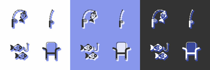 Set Camping folding chair, Fishing rod and fish, hook with and icon. Vector