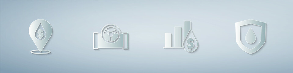 Set Oil drop with dollar symbol, pipe valve, Pie chart and and on shield. Paper art style. Vector