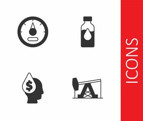 Set Oil pump or pump jack, Motor gas gauge, drop with dollar symbol and petrol test tube icon. Vector